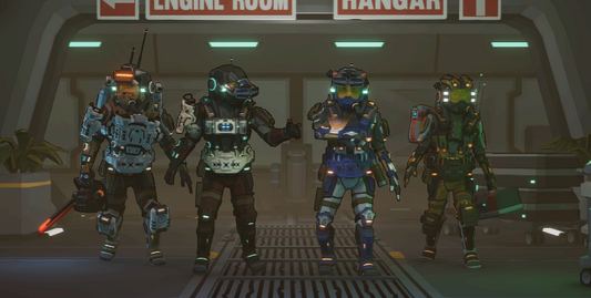 Four 3D characters standing together from the short film The Engine