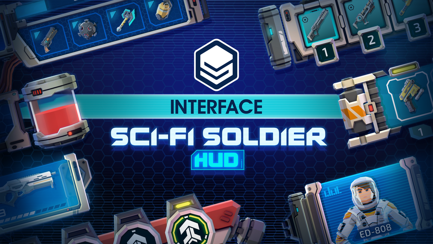 INTERFACE Sci-Fi Soldier HUD 3D game asset pack wide view
