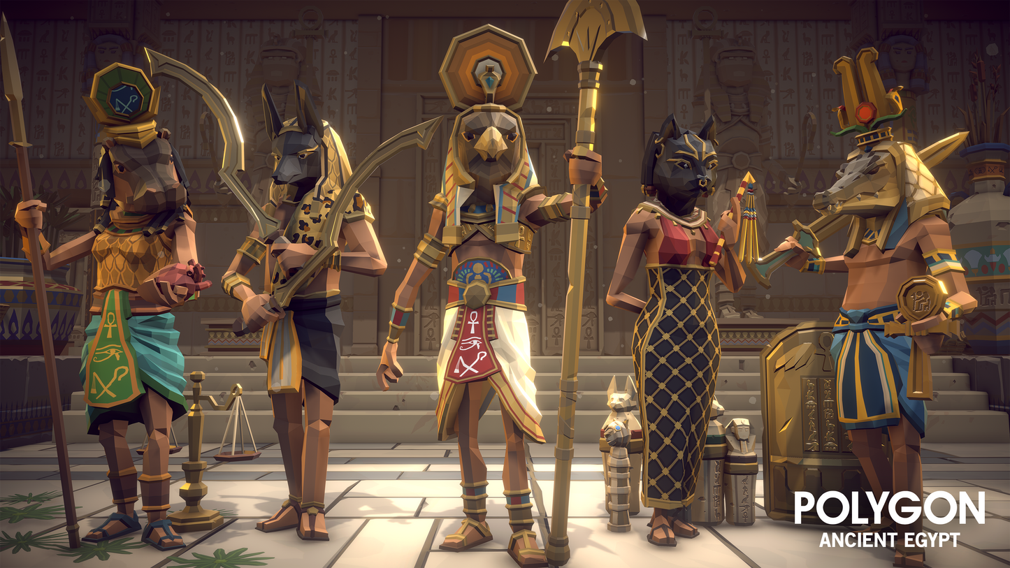 Ancient Egyptian 3D game asset characters including Pharaoh's, Queen's and Priests