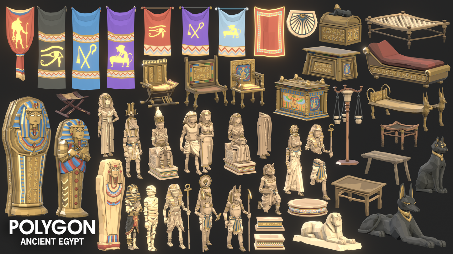 Ancient Egyptian props and items including animal hides, awnings, banners, baskets, beds, benches and throne assets