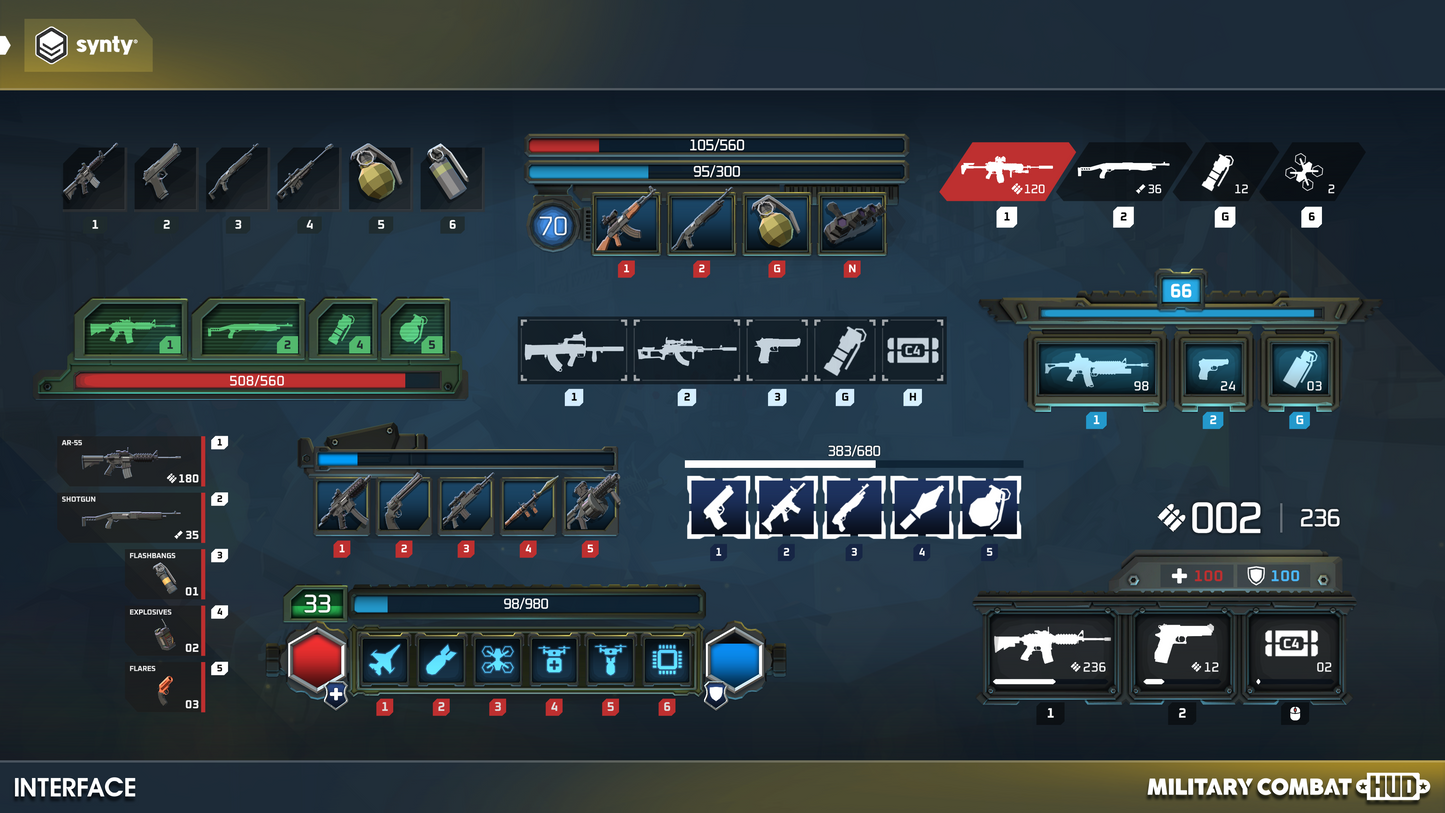 Military HUD components for game development including action bars and hot bars