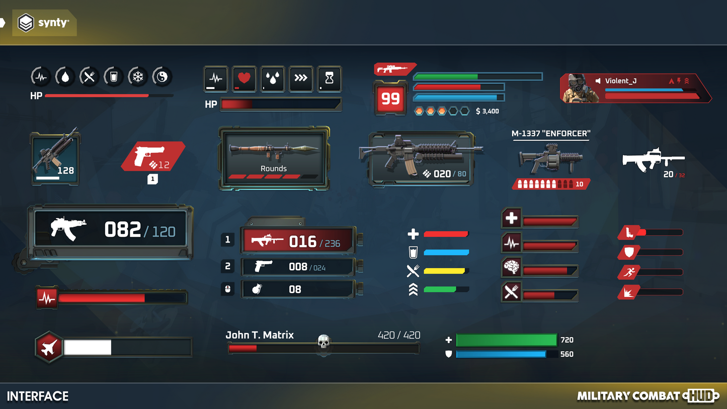 Military HUD components for game development including health bars and character hp stats