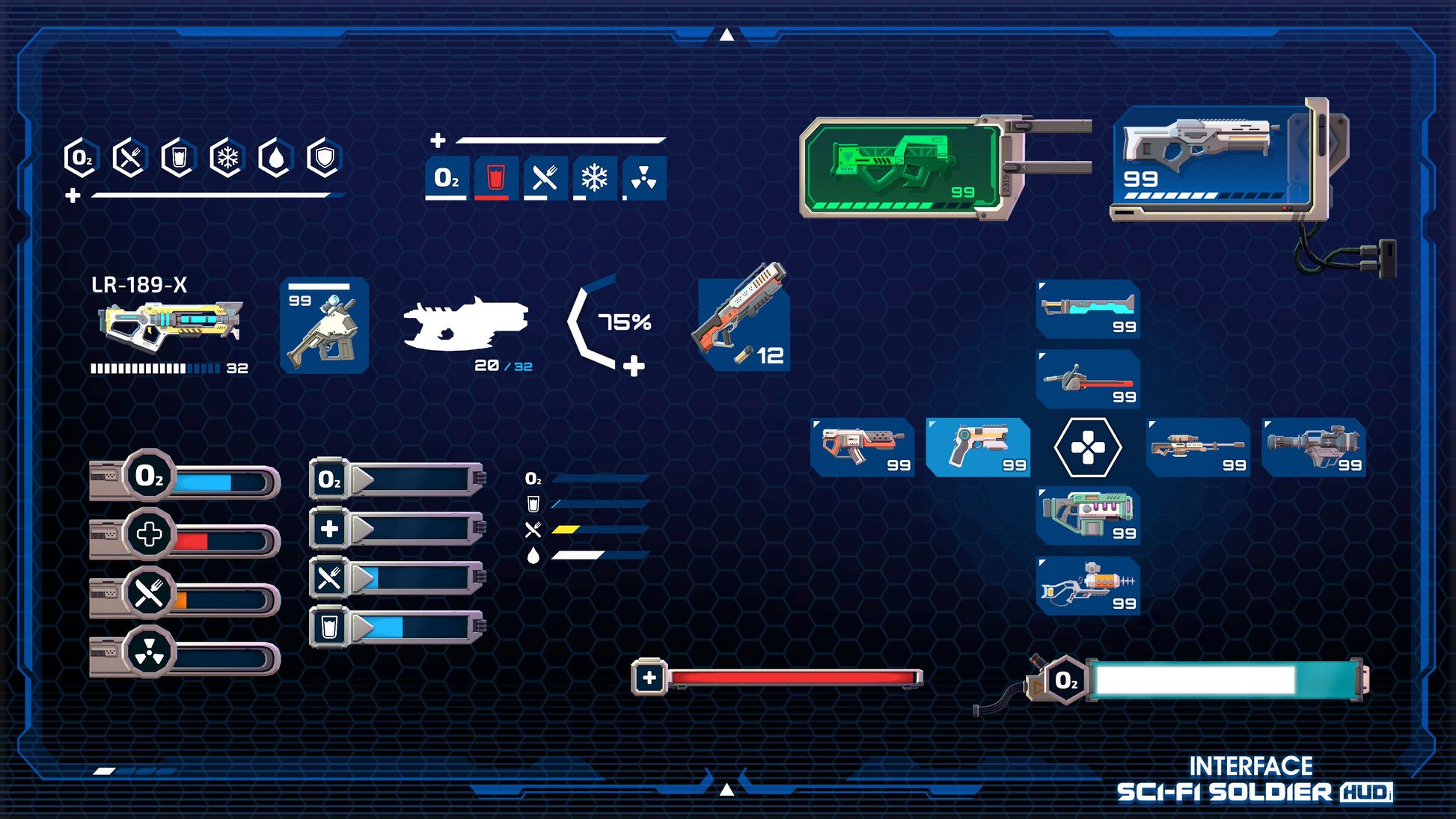 Weapon and equipment UI elements from the INTERFACE Sci-Fi Soldier HUD 3D game asset pack