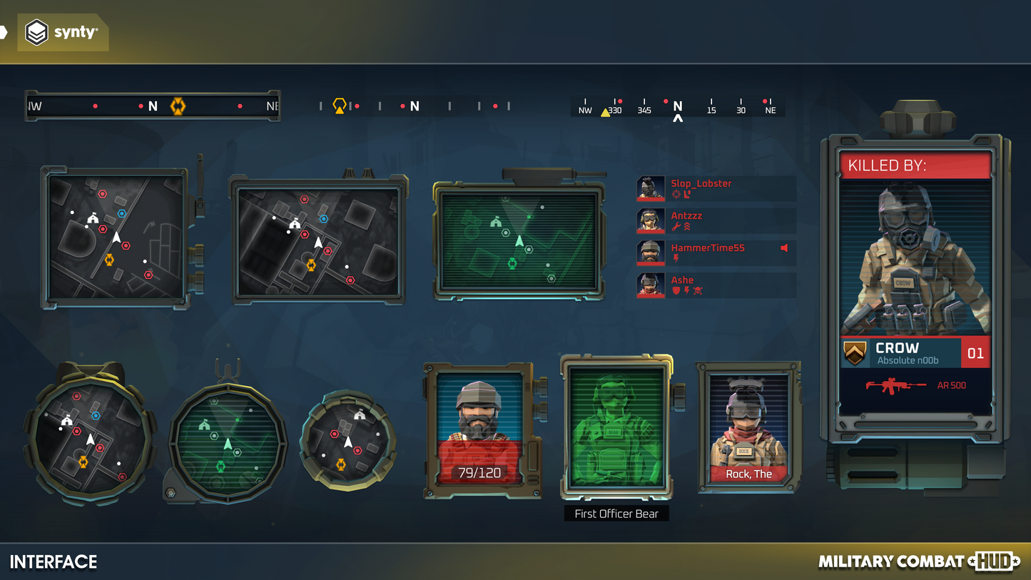 Military HUD components for game development including compass, minimaps and squad comms