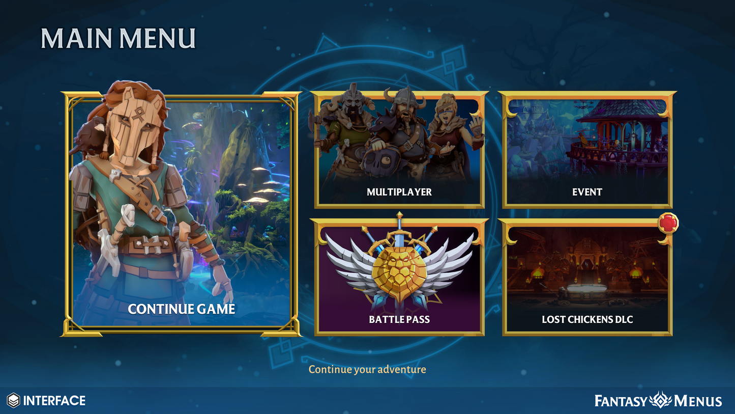 2D UI components for creating fantasy rpg game title lockups and menu panel imagery