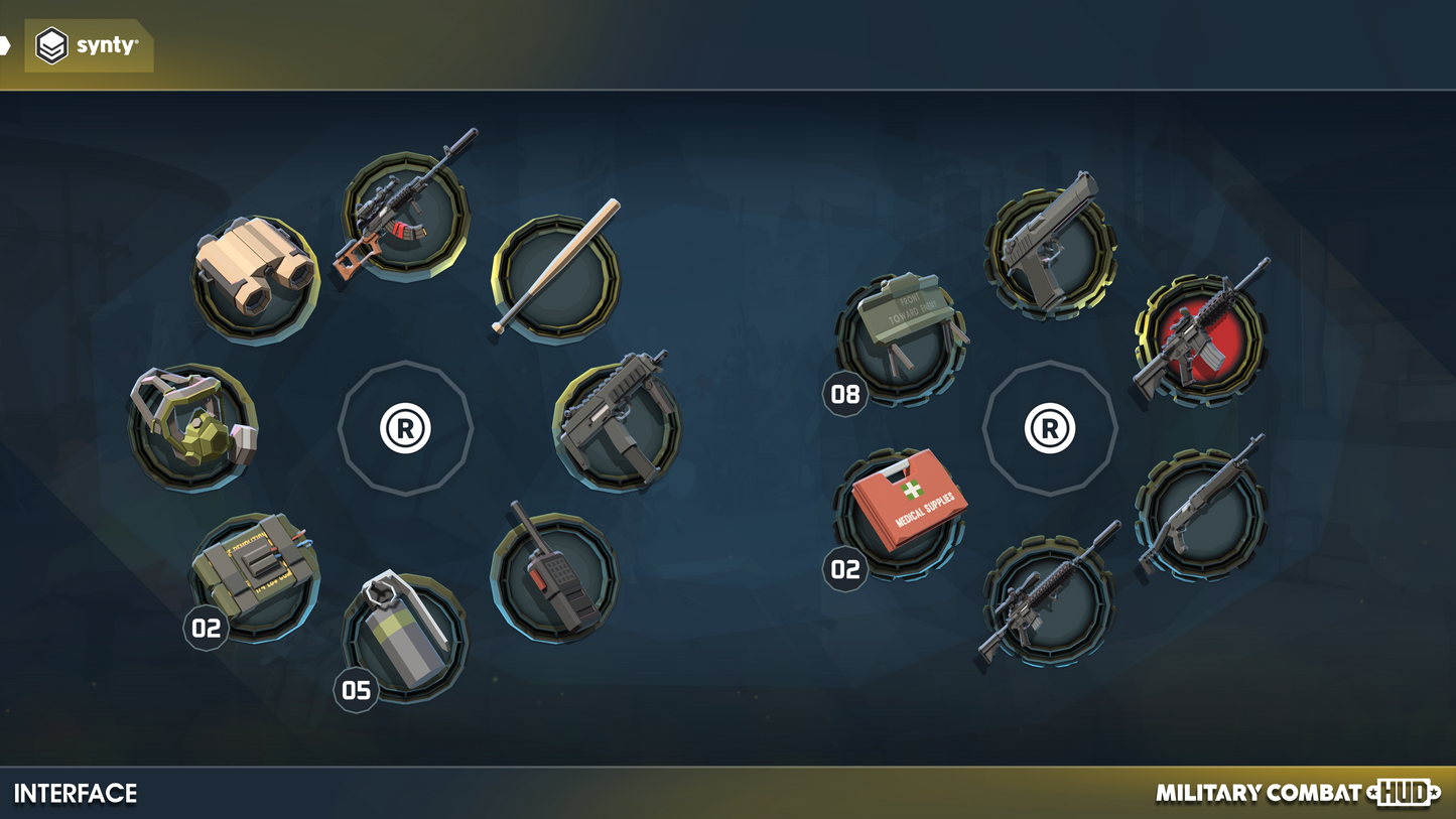 Weapon wheel HUD components for military games