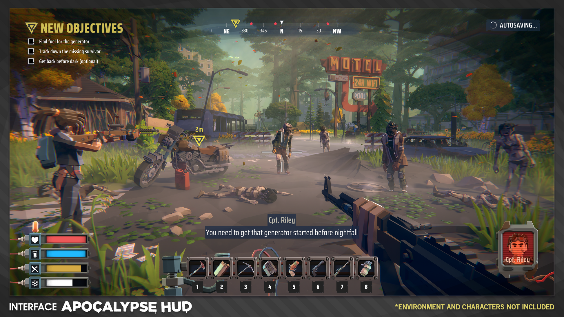 First person view of character and weapon pointing at a zombie in an abandoned camp while the game autosaves