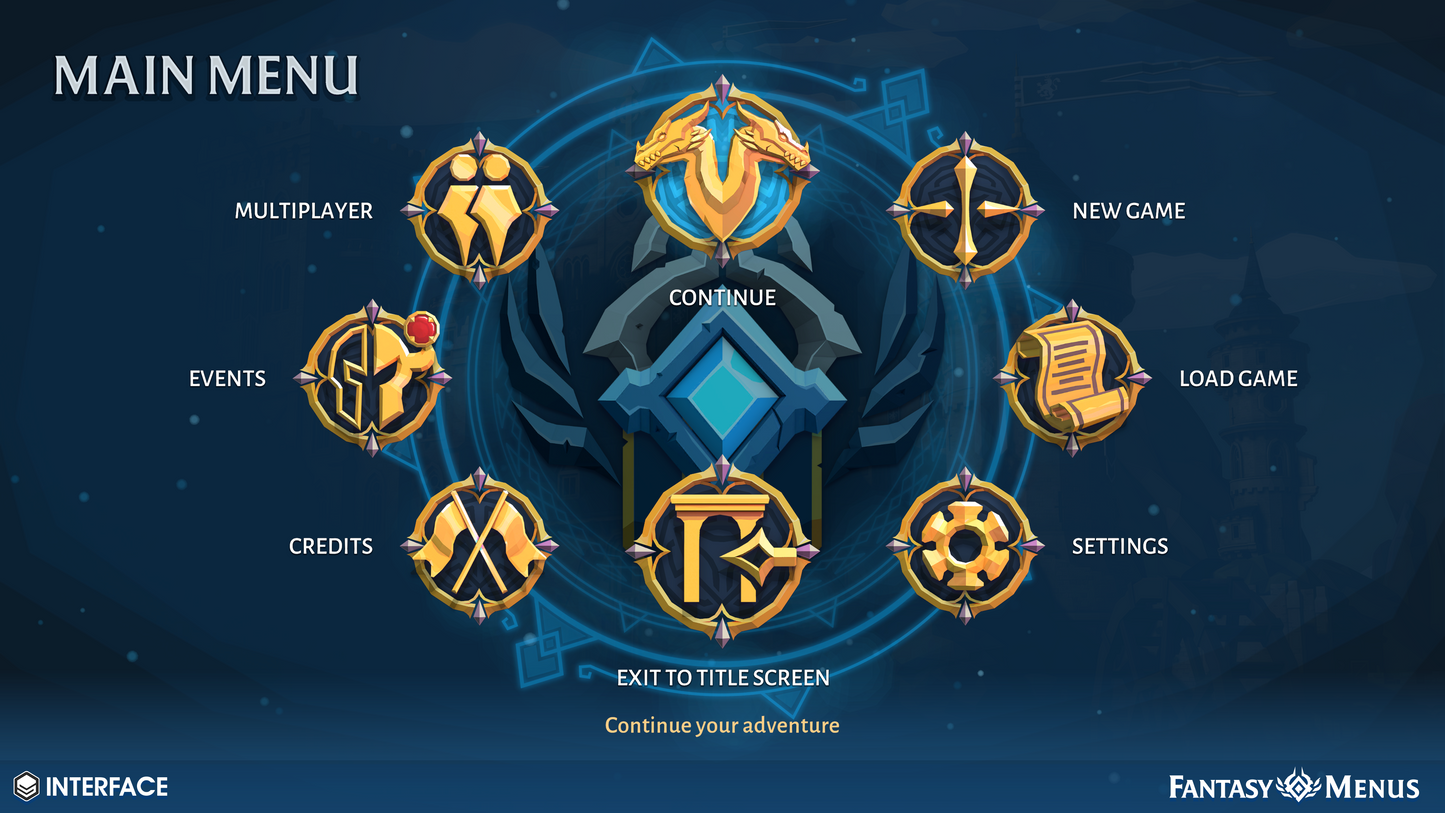 Main menu UI example for pc game design from the INTERFACE Fantasy Menu's asset pack