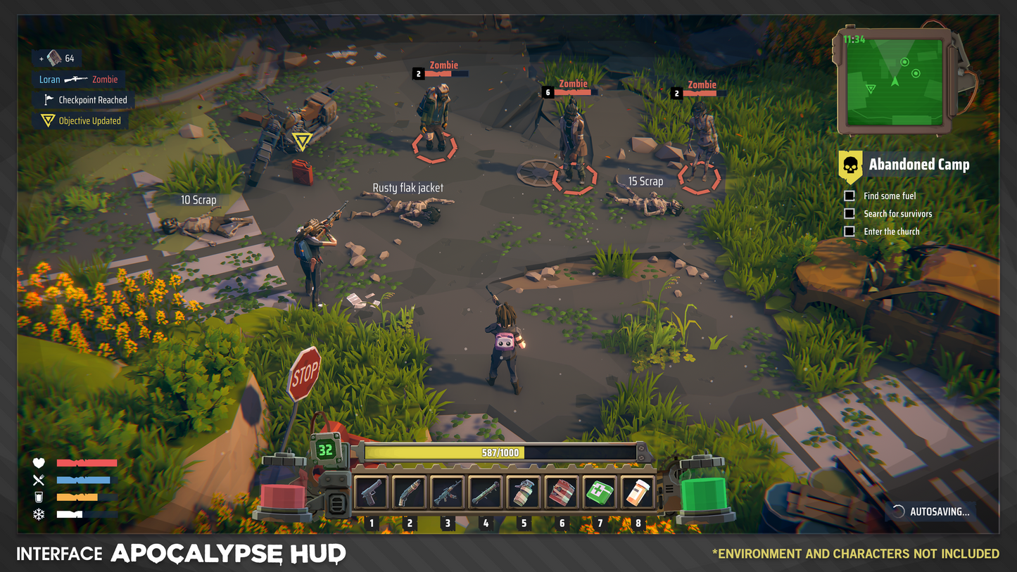 INTERFACE Apocalypse HUD UI asset pack hexagon-grid view example of characters fighting in a turn-based game