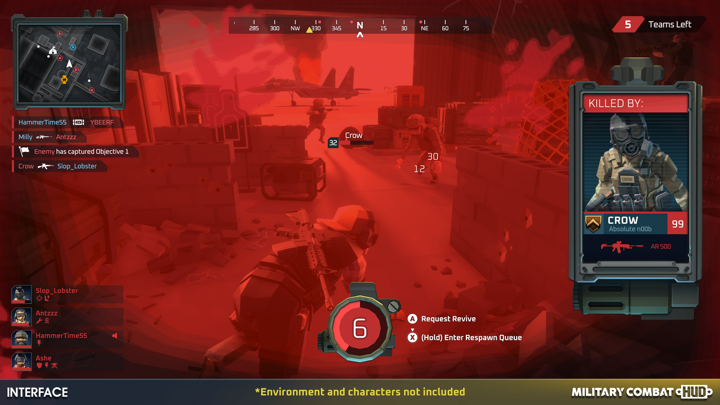 Character downed HUD component for shooter games displaying which player killed the user and controls to request a revive or respawn que