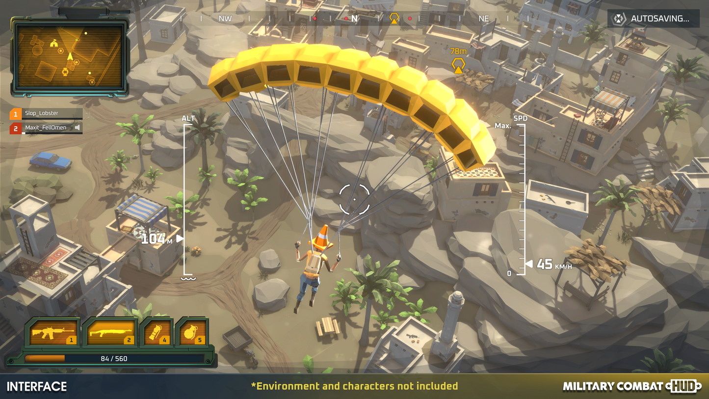 INTERFACE Military Combat HUD survivial components including autosaving HUD display icons, directions, max speed and equipment on the character