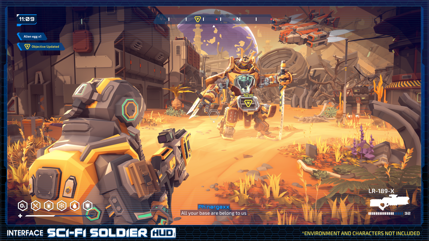 A character from the INTERFACE Sci-FI Soldier HUD 3D game asset pack engaging with a robot at a galatic space port