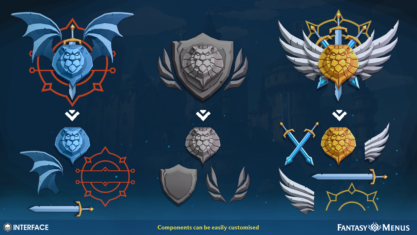 Customisable 2D crest sprites for fantasy game menu design