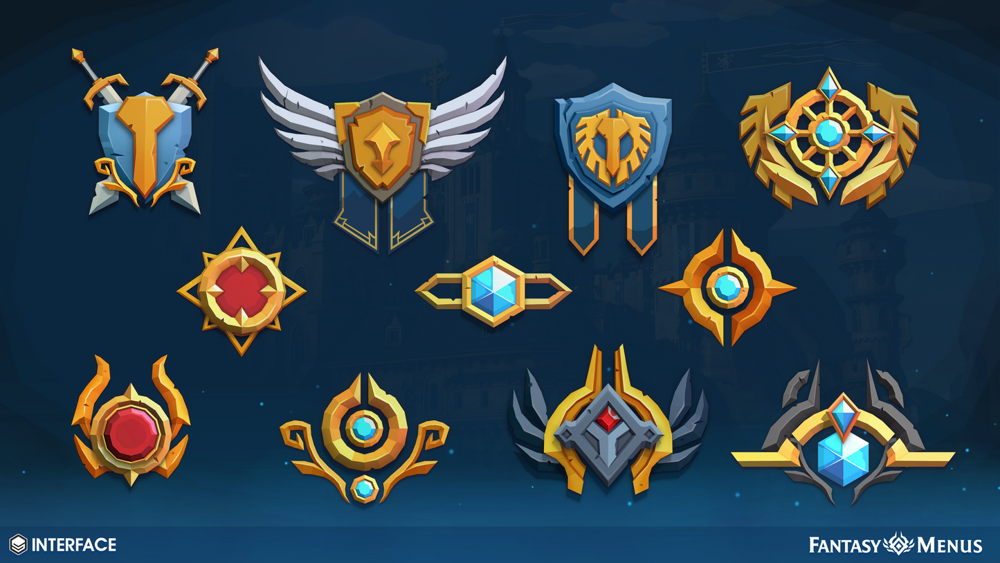 Fantasy 2D crest sprites and menu icons designed to work with Unity’s UGUI and 2D systems