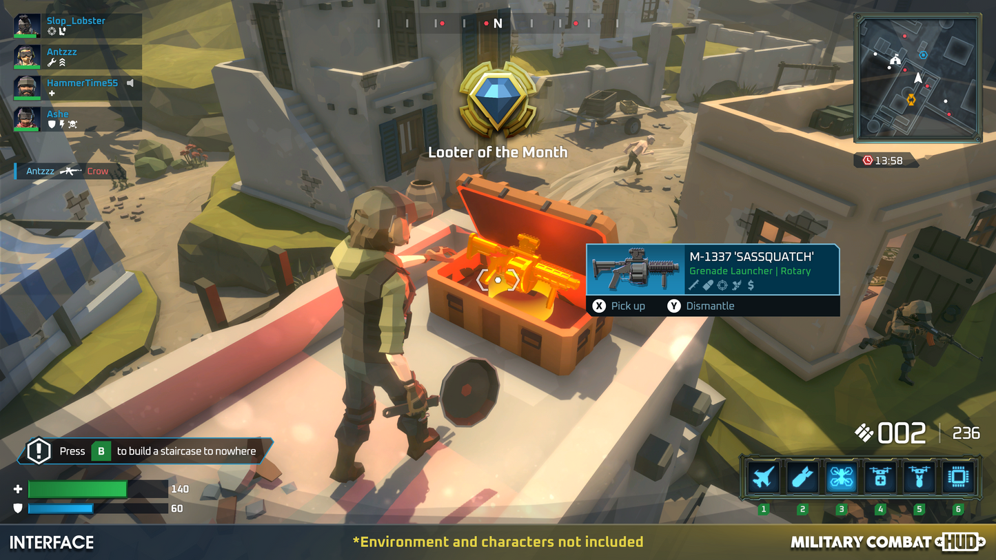 HUD overlay displaying actions available to the game character looting a weapons box