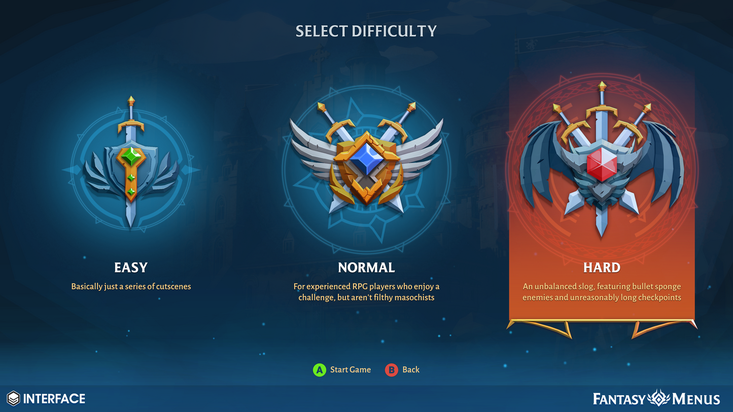 Main menu UI components for selecting difficulty in a fantasy or rpg game