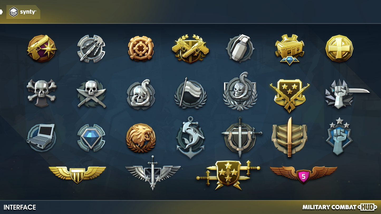 Military-themed character progession badges for players