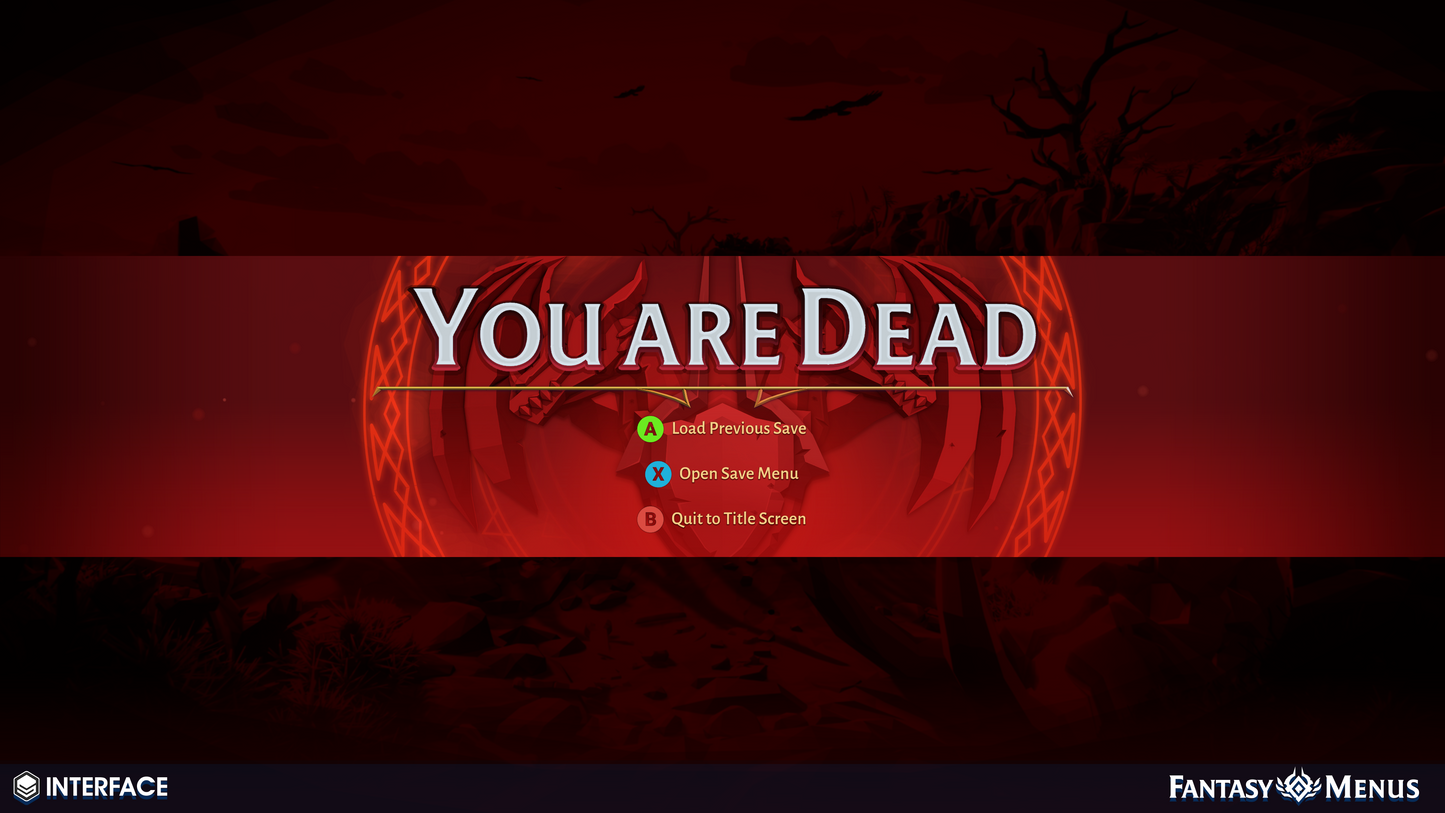 Player death screen menu layout design for console games