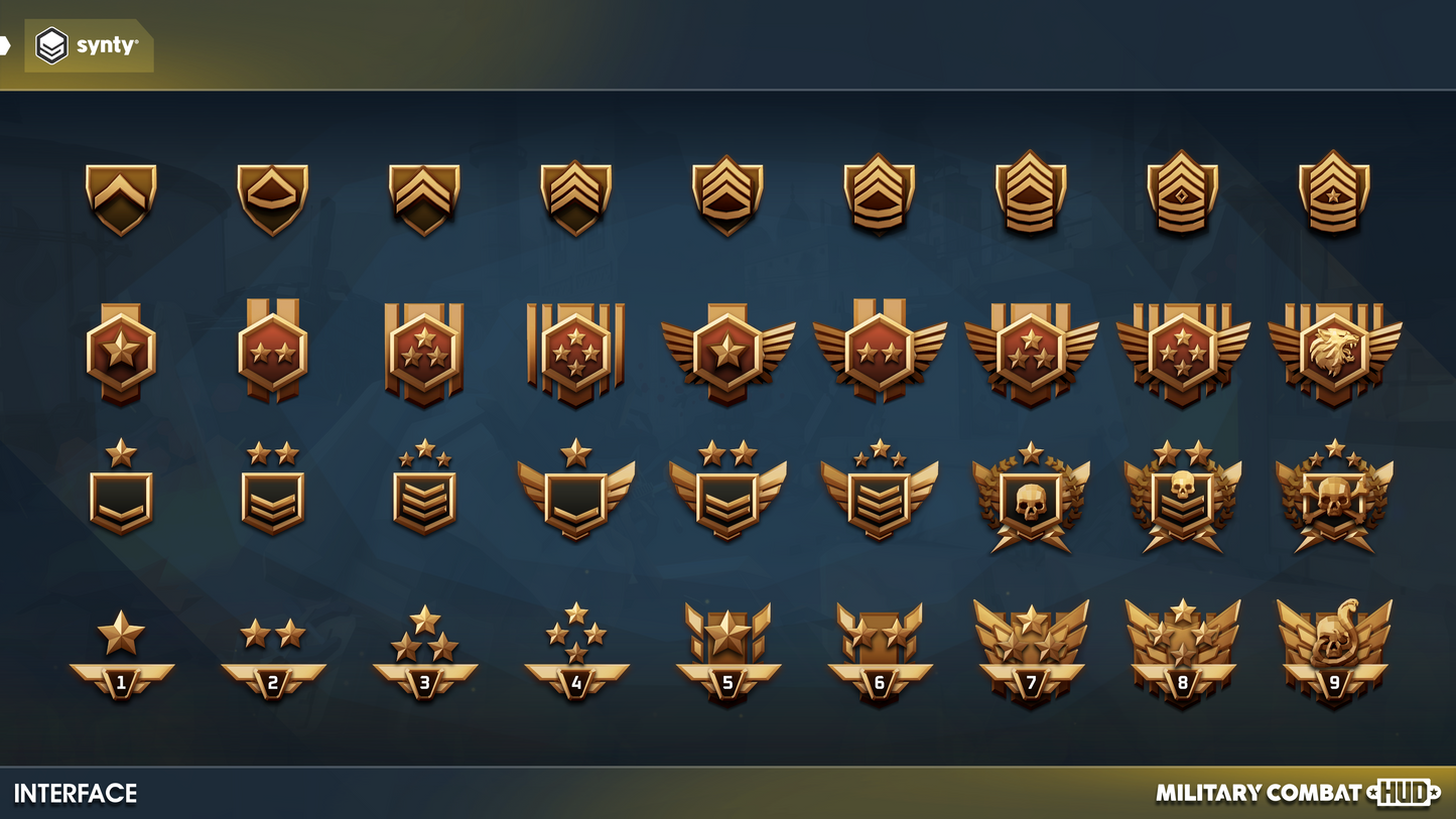 Rank and progression badges for measuring player stats and overall experience in shooter games