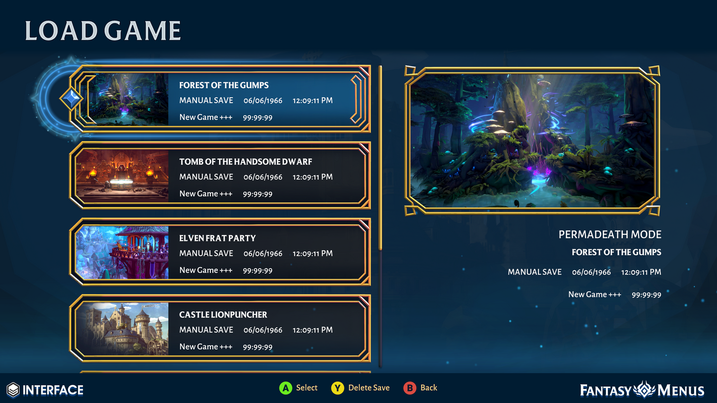 Load saved game UI components for game menu design