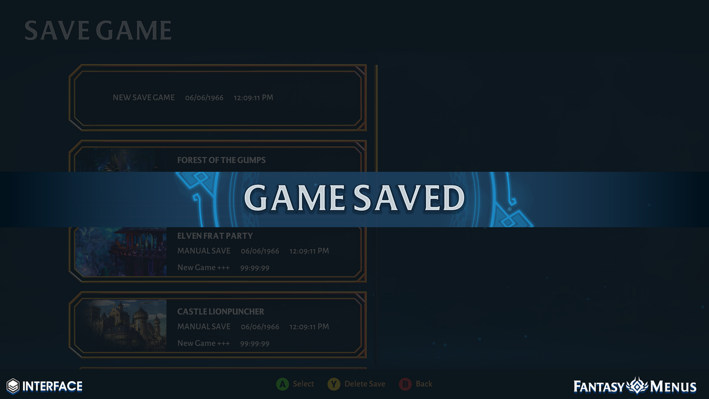 Game saved pre-built menu screen popup