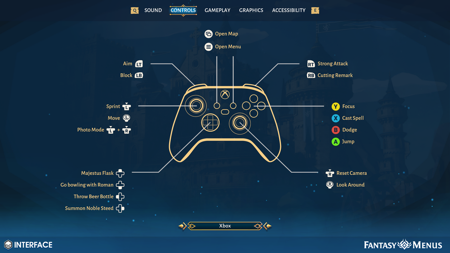 2D sprites and UI components for creating main menu settings for XBOX console controllers