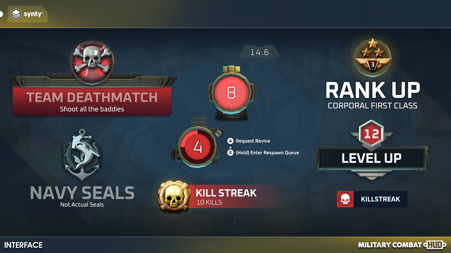 Combat HUD components for shooter games including chosen faction, type of game, kilstreaks and level up icons