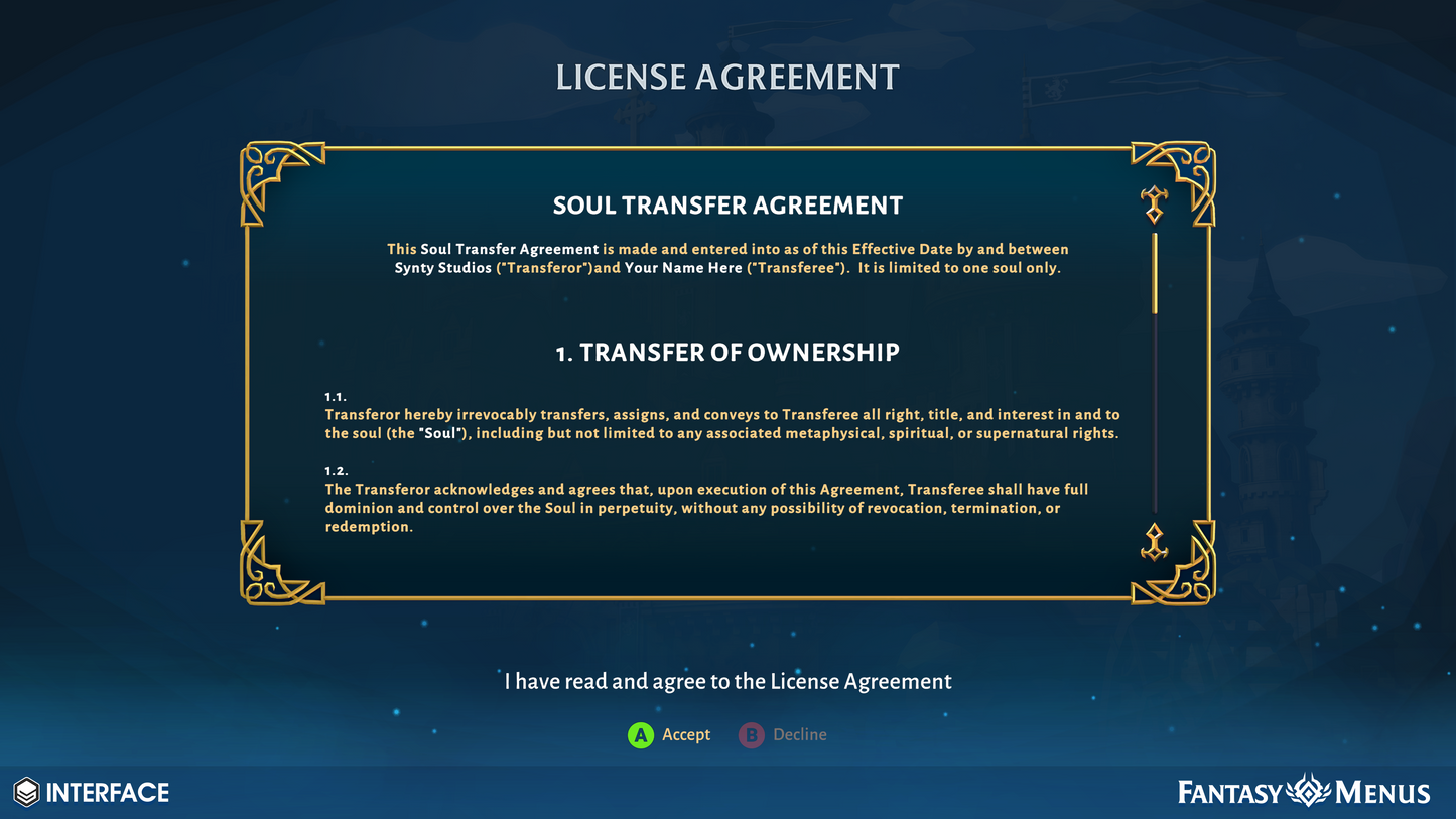 Customisable license agreement menu screen component for Unity game developers