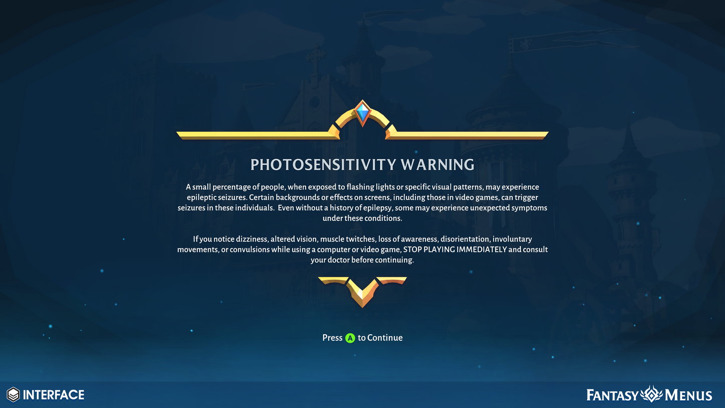 Photosensivity warning menu screen sprite and icons for Unity game developers