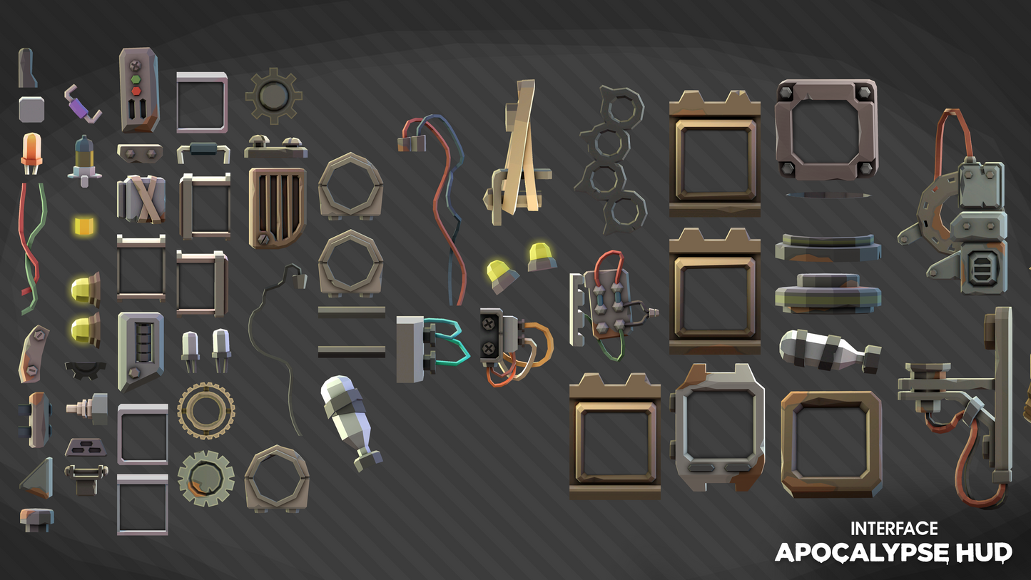 INTERFACE Apocalypse HUD UI asset pack displaying frame character equipment sprites for game design