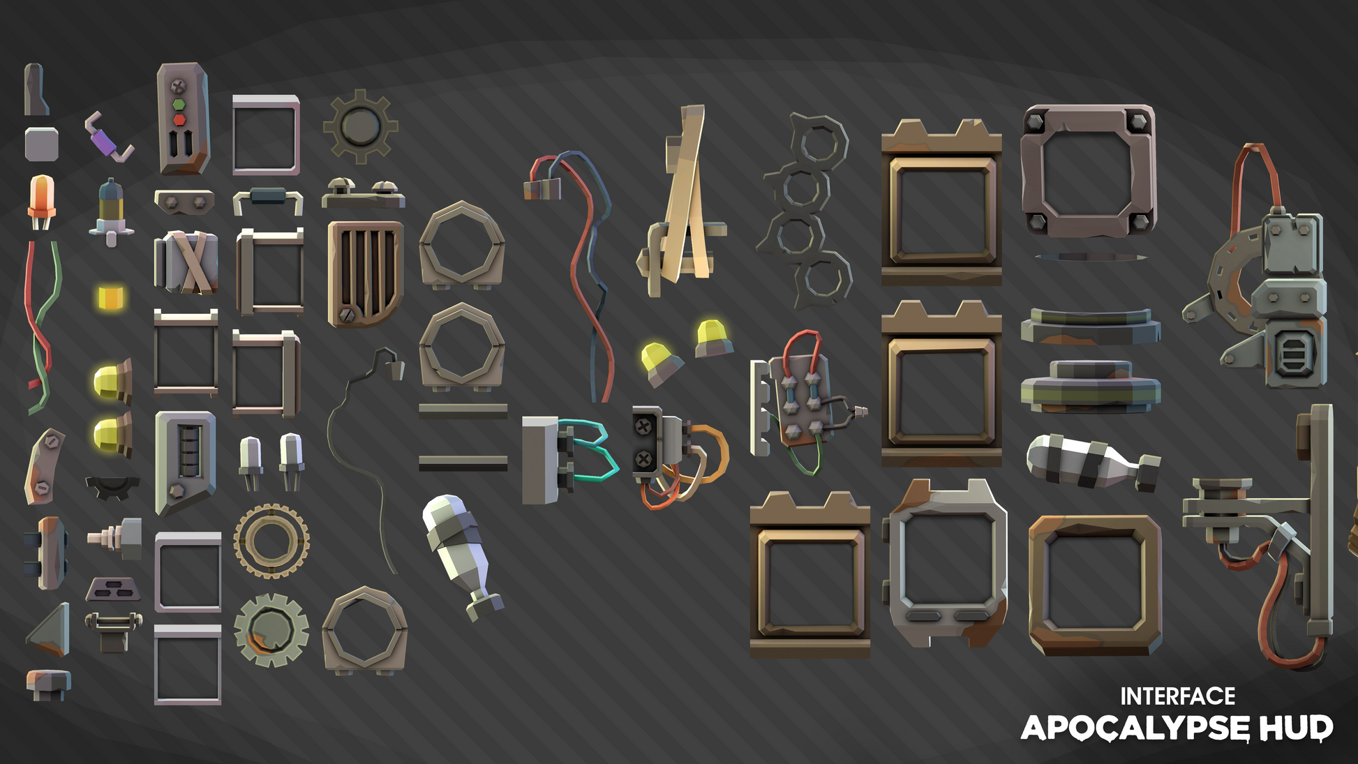 INTERFACE Apocalypse HUD UI asset pack displaying frame character equipment sprites for game design
