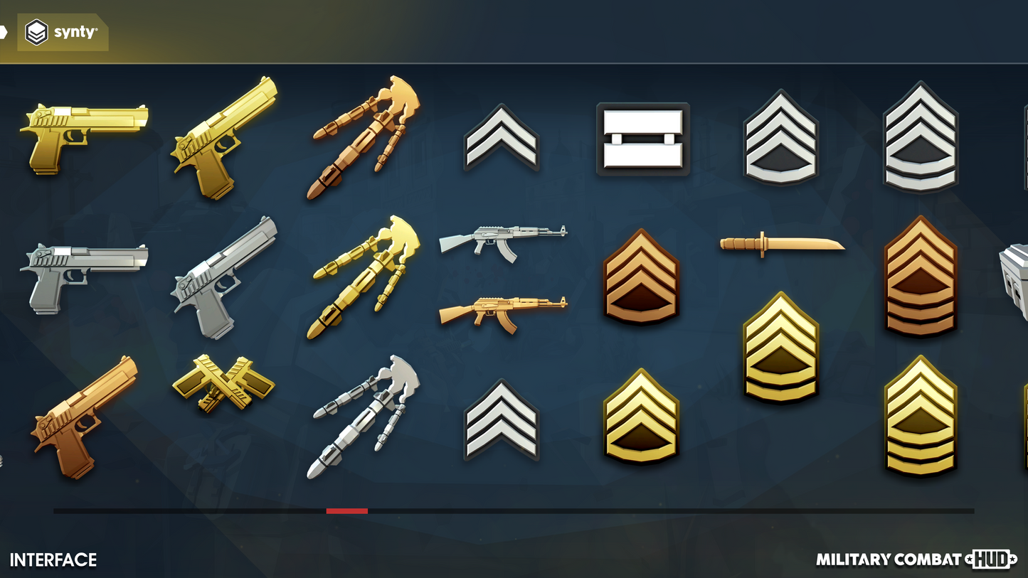 Gold, silver and bronze weapon and character rank sprites for shooter game HUD designers