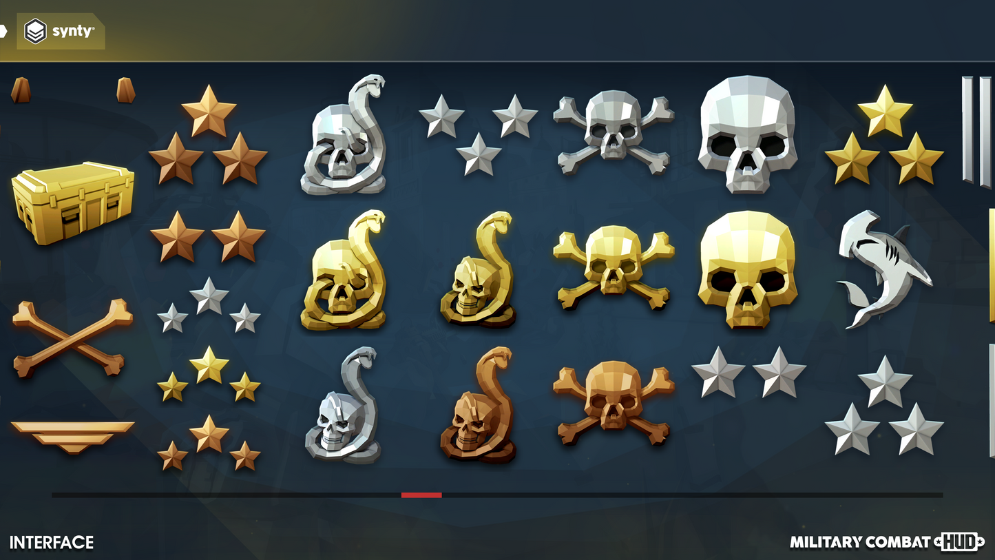 Various warfare sprites in gold, silver and bronze for shooter game HUD designers