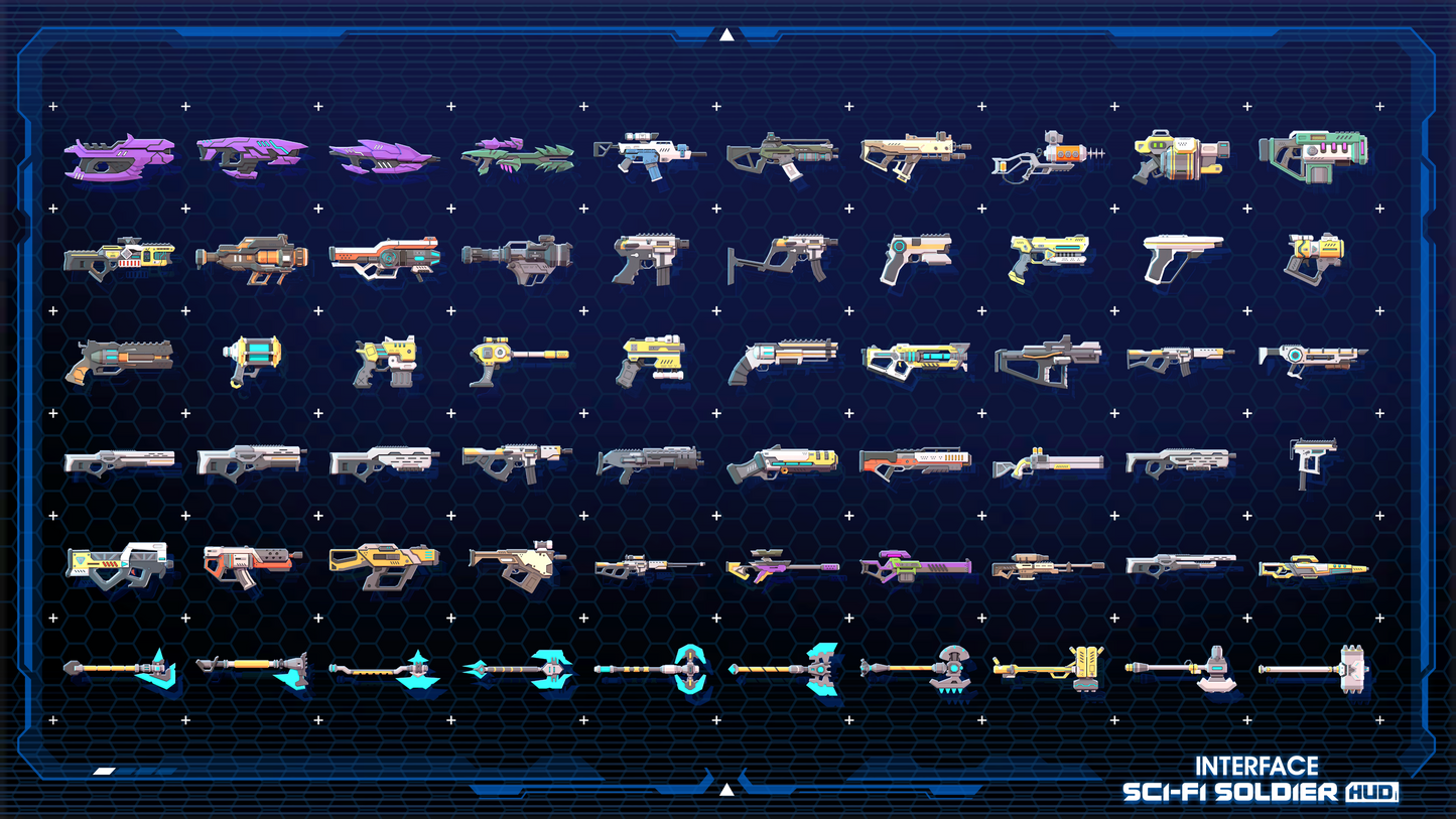 Space gun icons and sprites from the INTERFACE Sci-Fi Soldier HUD 3D game asset pack