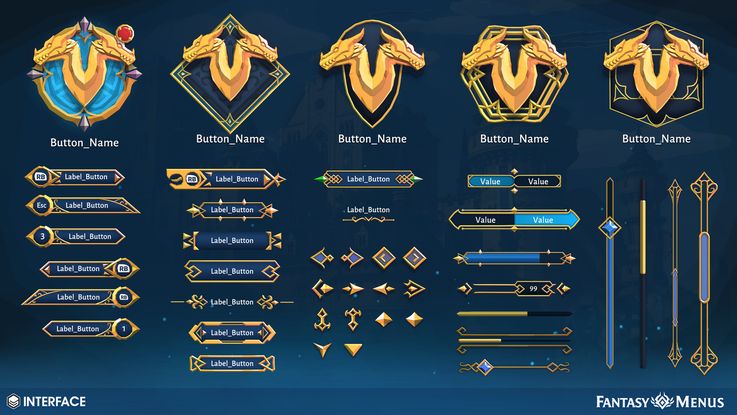 2D button icons and sprites for Unity fantasy game development