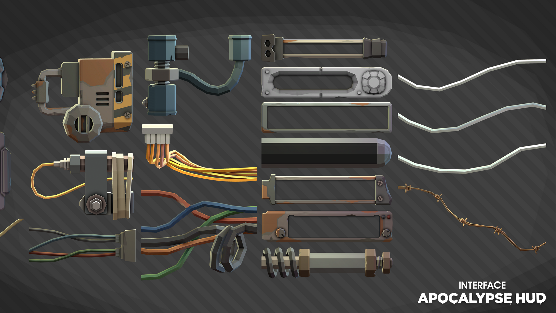 INTERFACE Apocalypse HUD UI asset pack displaying wire and conductor part sprites for game design