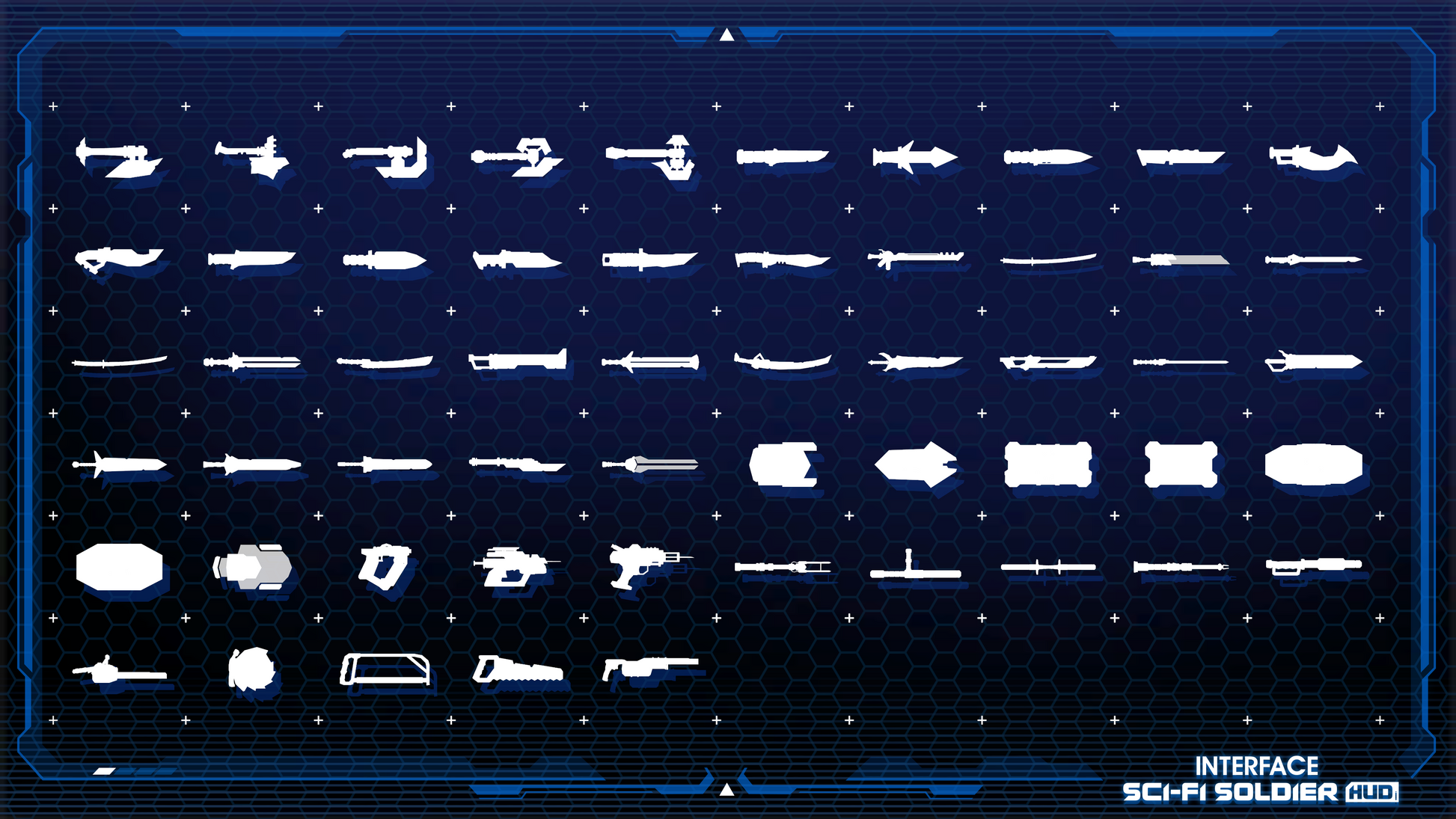 White icons of weapons and tools for characters from the INTERFACE Sci-Fi Soldier HUD 3D game asset pack