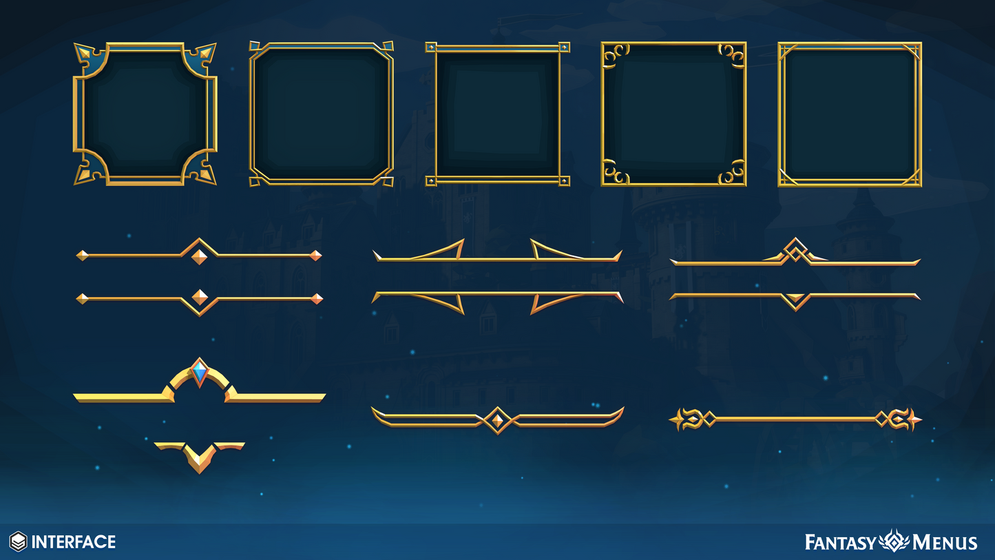 2D frame components and sprites for Unity game menu designers