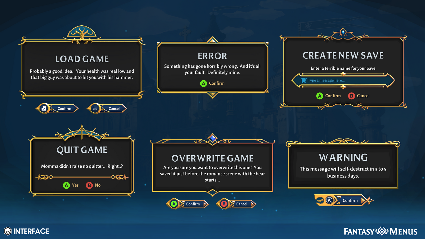 Fantasy menu components for creating game UI popups