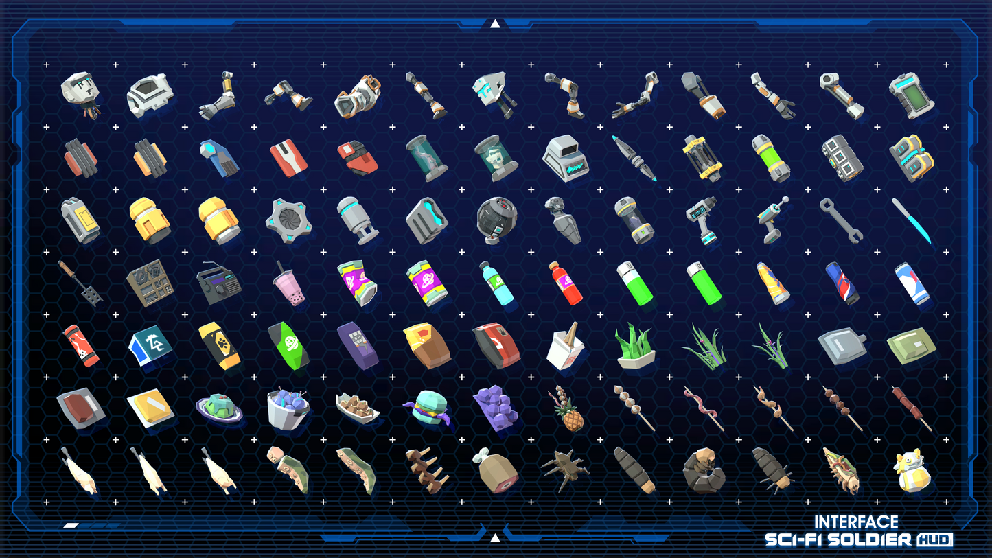 Game resource icons from the INTERFACE Sci-Fi Soldier HUD 3D game asset pack