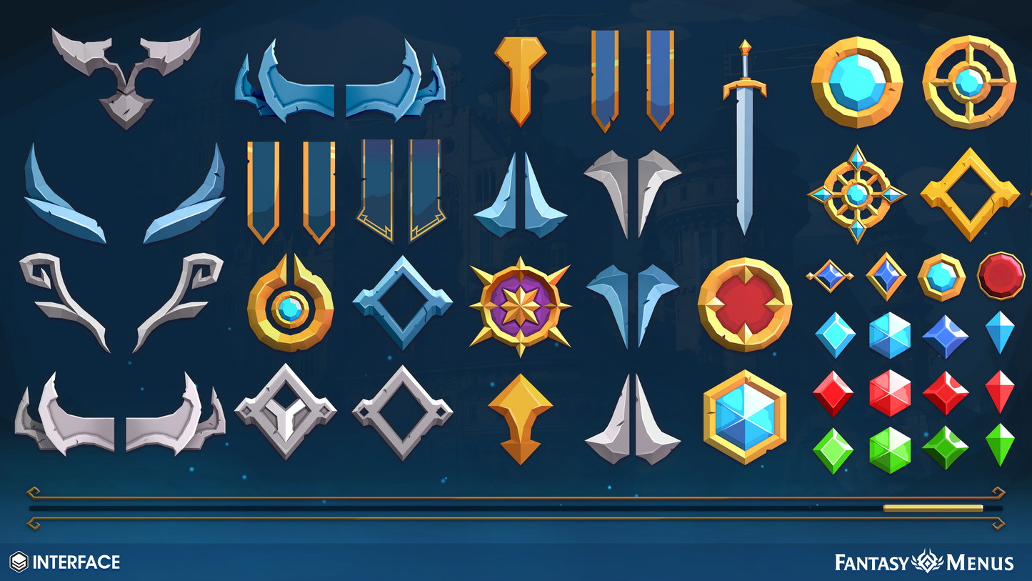 2D fantasy themed icons and components to fully customise a main menu sytem for a game