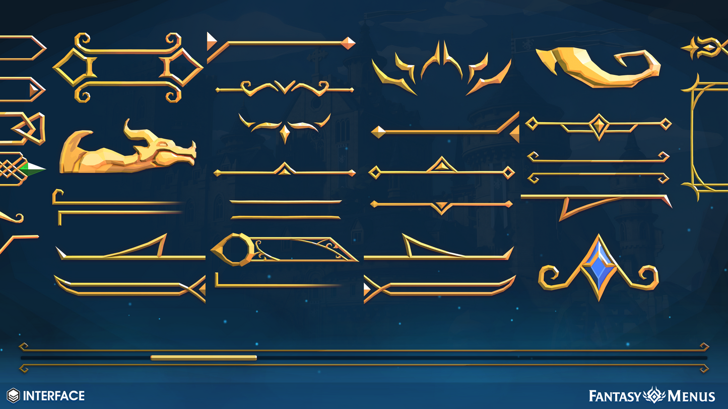 2D scrollbar sprites, frames and icons for designing a main menu in a Unity game