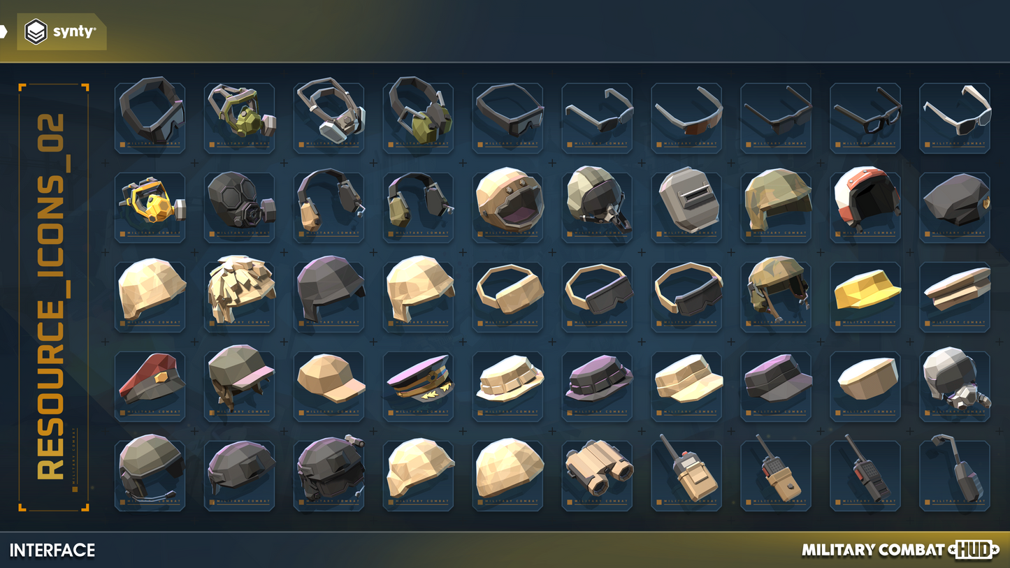 Combat resource HUD icons for shooter games incuding headsets, headwear, helmets and sunglasses