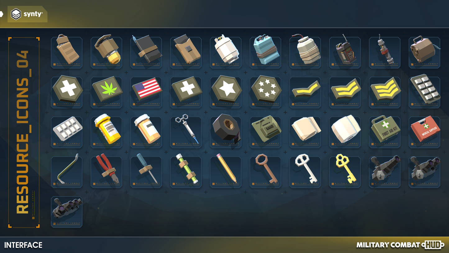 Combat resource HUD icons for shooter games includng tertiary equipment slots, medicine, keys and other utilities