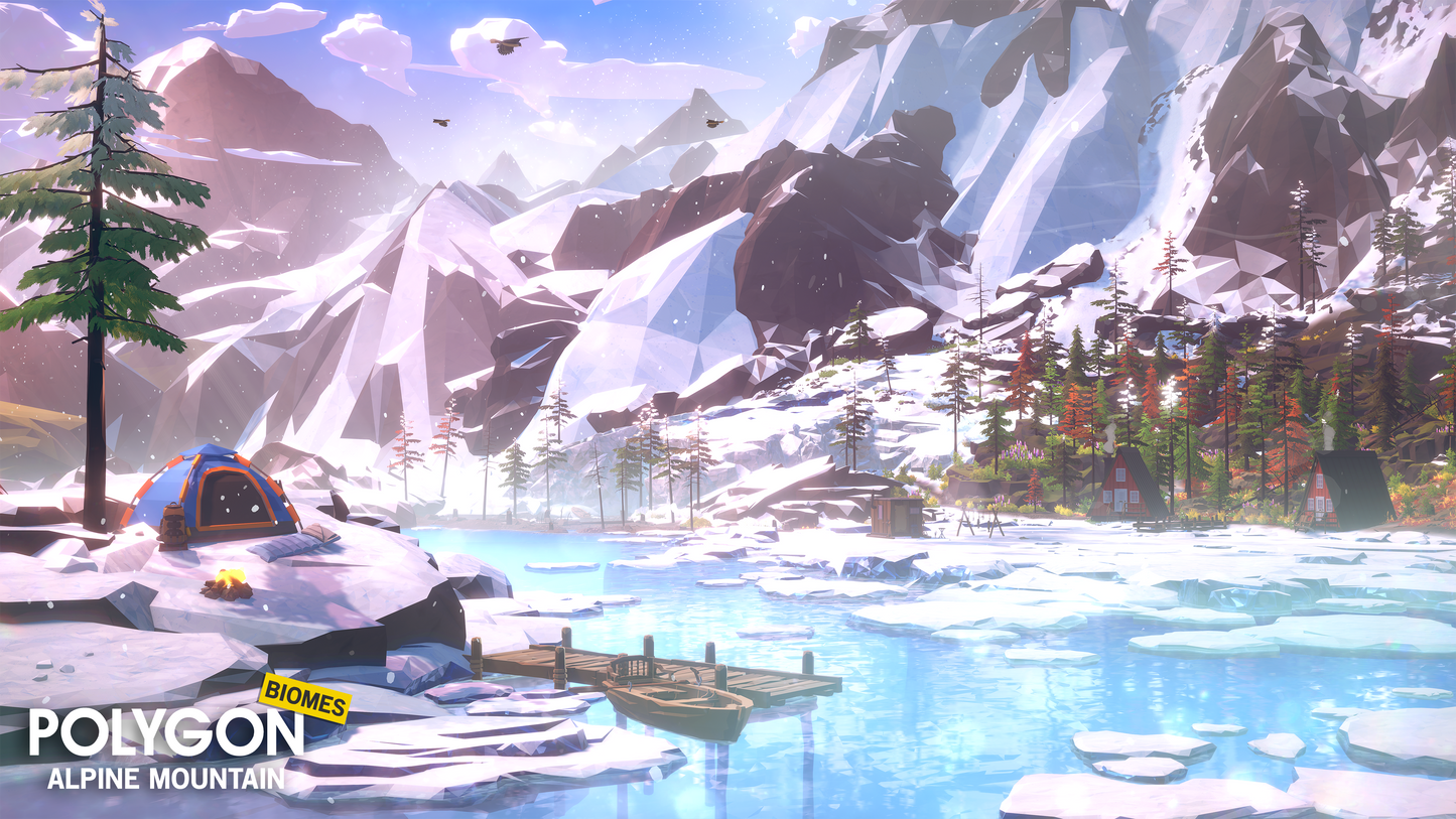 A tent and fire with some houses in the background seperated by a lake in a snowy mountain setting built with POLYGON Alpine Mountain game assets