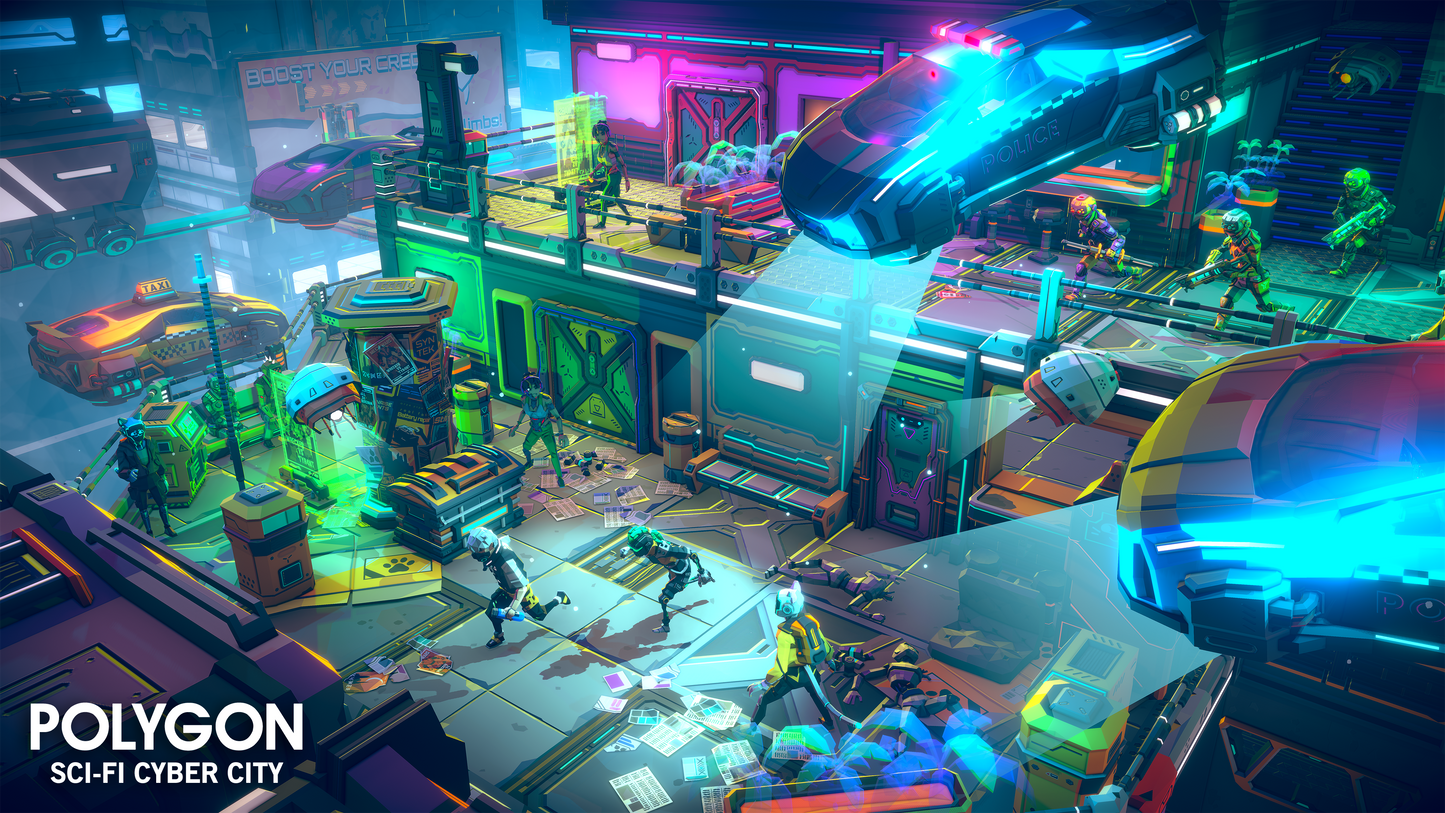 Sci Fi Cyber City police chasing criminals through a residential area