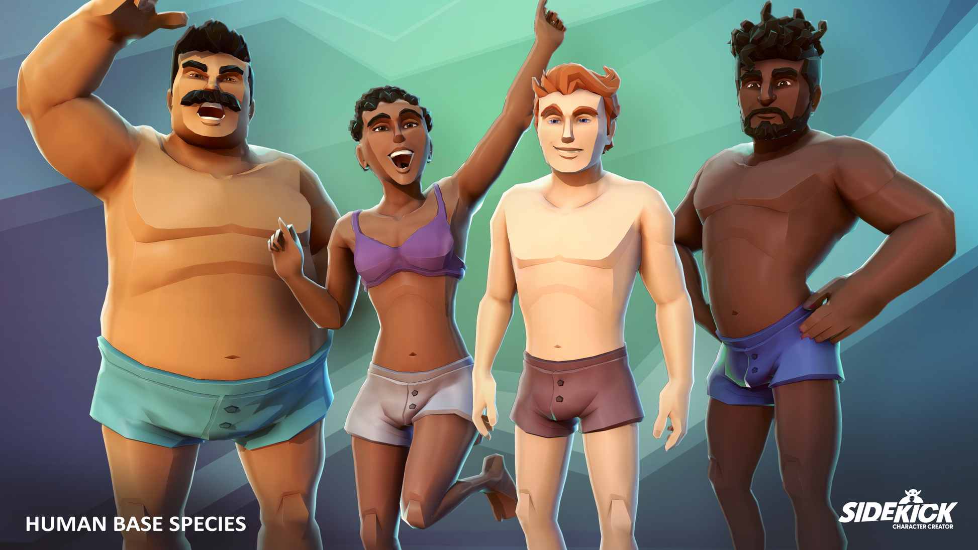 Four animated characters in various poses with a gradient background from Sidekick Apocalypse Survivors 3D asset pack