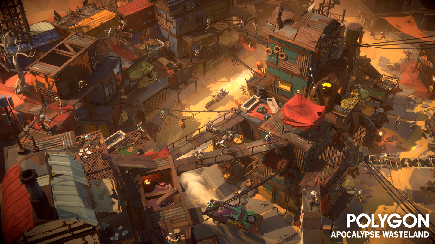 Aerial view of a apocalyptic wasteland city including scrap buildings, garages, gate towers, refinery, sewer block, shacks, sheds and shipping container chunks