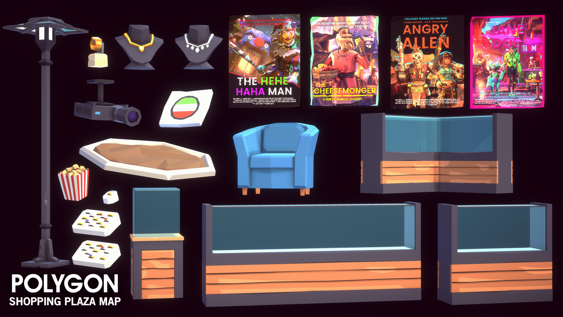 Collection of 3D components from the POLYGON Shopping Plaza Map asset pack including poster and billboard textures, retail furniture and shop display cases and stands