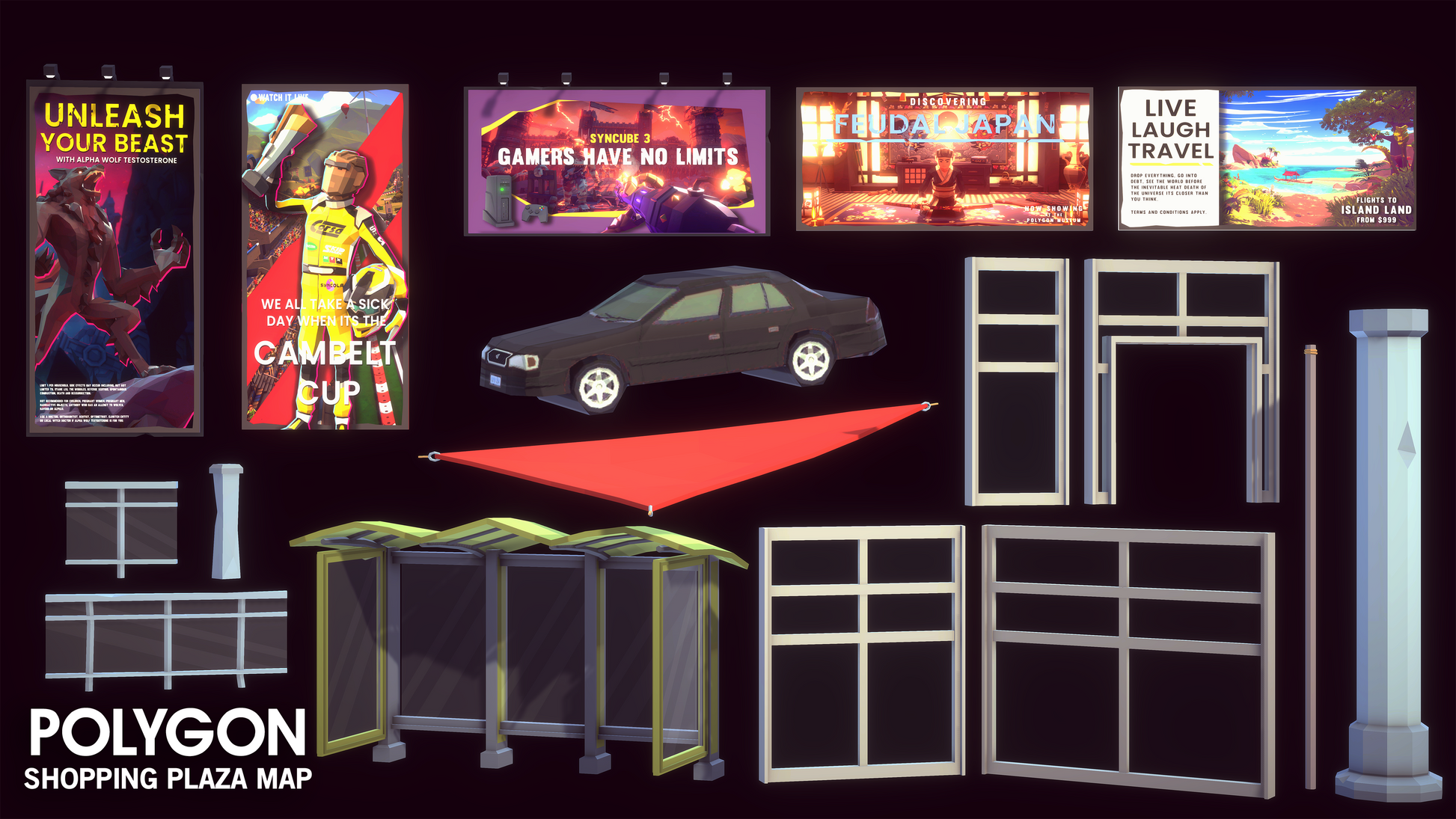 Collection of 3D components from the POLYGON Shopping Plaza Map asset pack with prefabs including buildings, props and retail environments